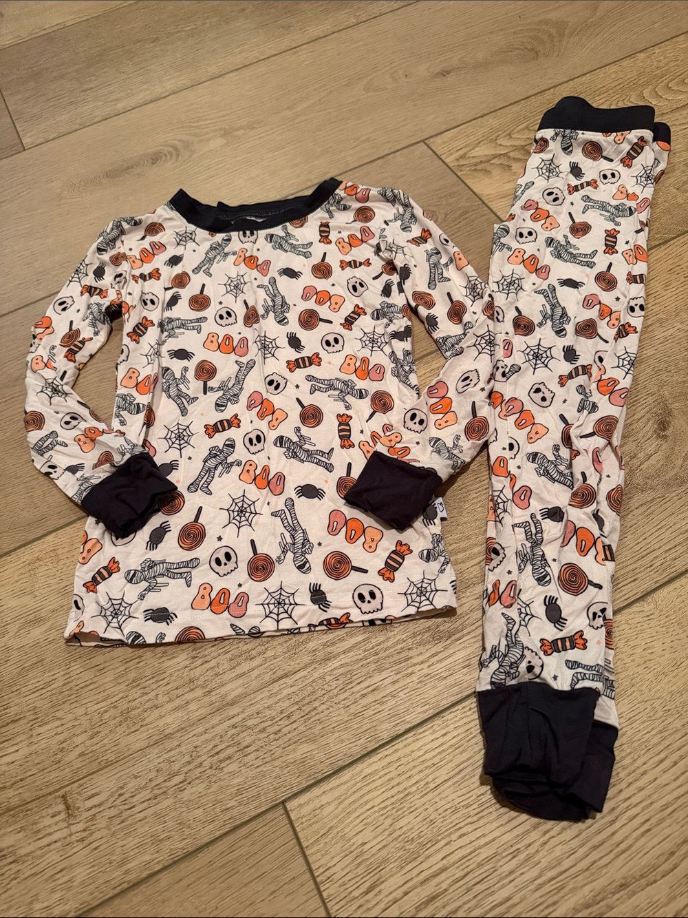 Kids Halloween Pajama Set - White with Orange & Black Print
